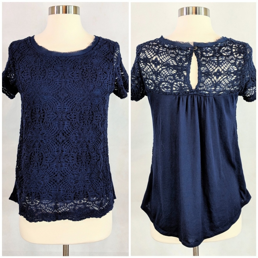 Silence + Noise Navy Lace Front Open Knit Boho Top